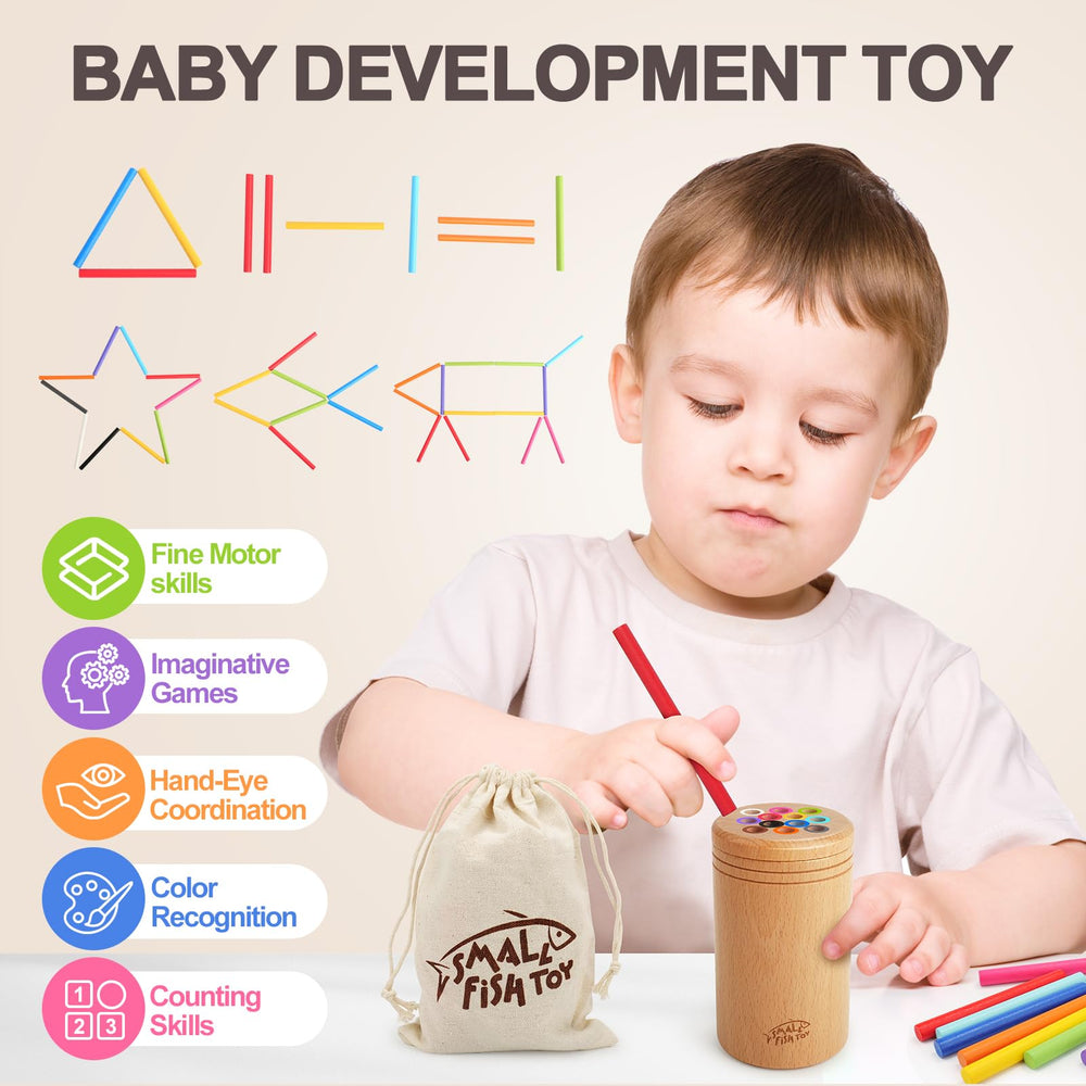 Small Fish wooden sticks color-learning set enhances color recognition and counting.