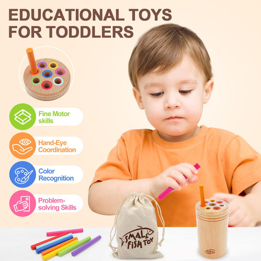 Small Fish wooden toddler busy board encourages hand-eye coordination during play.