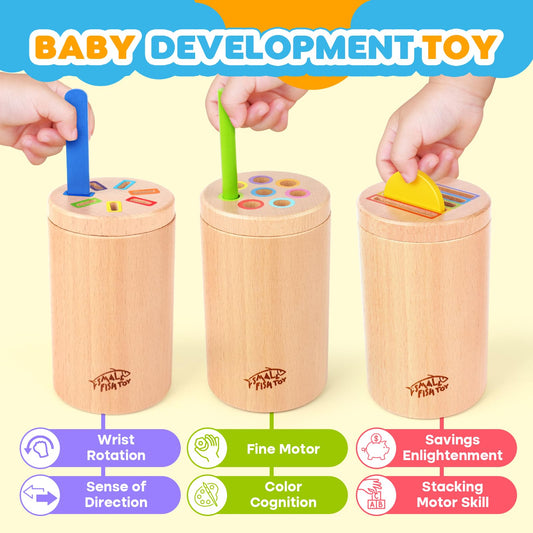 Small Fish wooden tube with 3 lids offers color and shape learning through open-ended play.