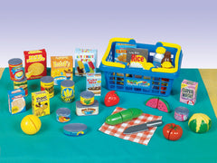 Small World Toys cans and bottles for pretend grocery checkout.