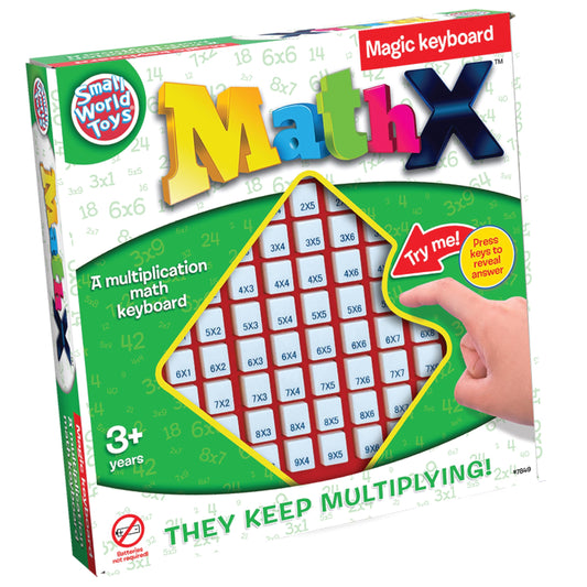 Small World Toys multiplication board with 81 keys for hands-on practice.