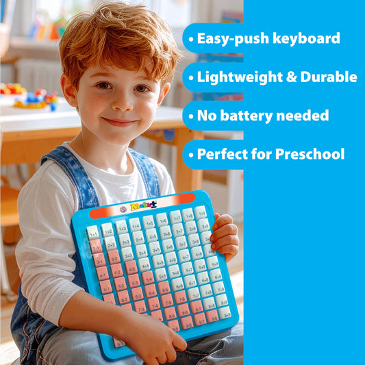 Small World Toys keyboard addition buttons close-up shows white keys for addition problems.