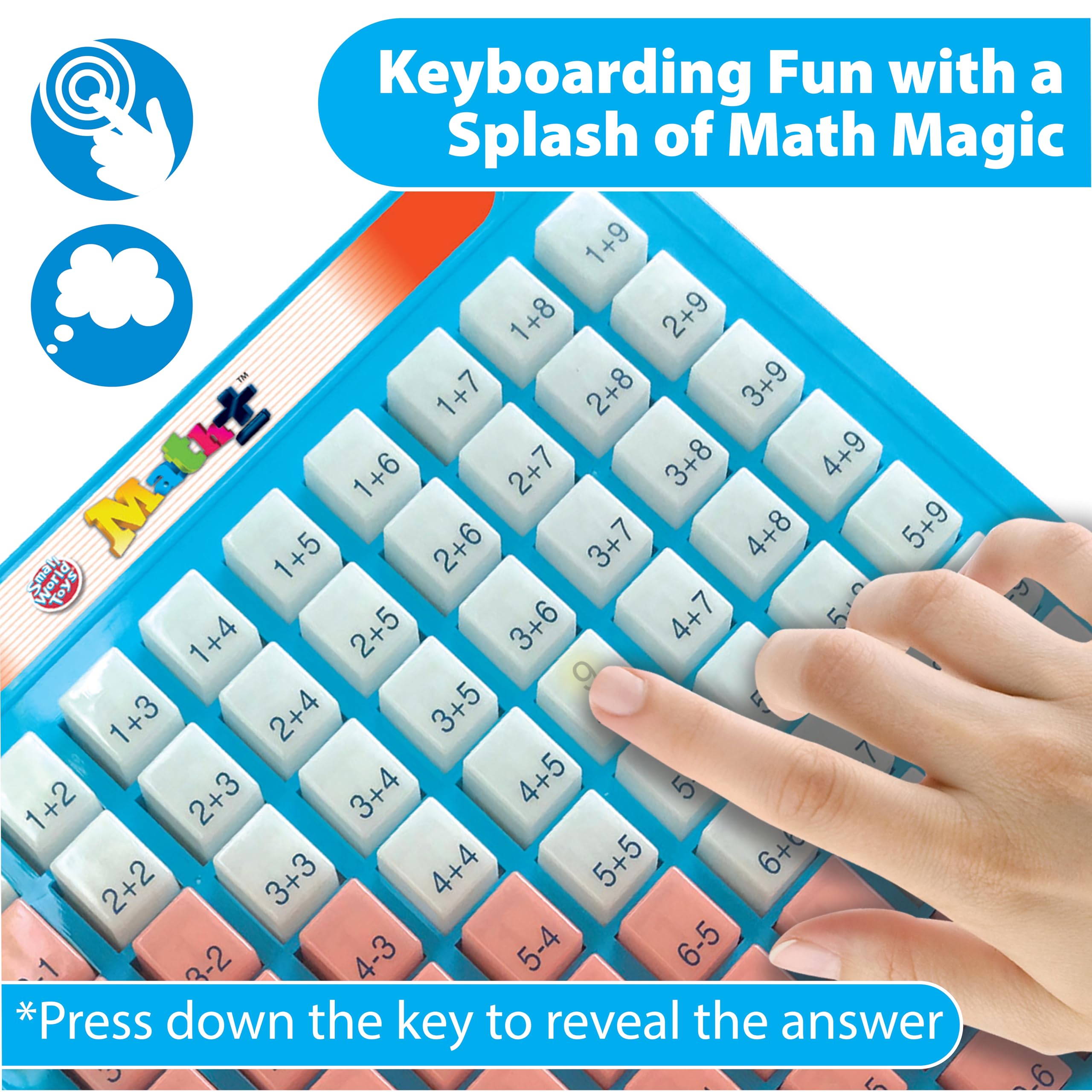Small World Toys keyboard subtraction buttons close-up highlights pink keys for subtraction challenges.