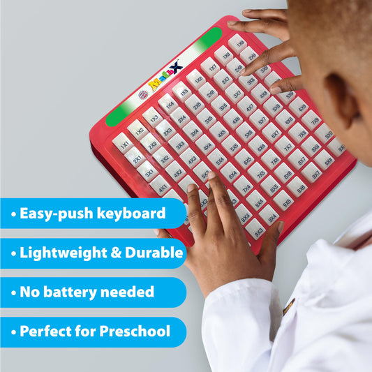 Small World Toys push-button math keyboard helps kids reveal answers.