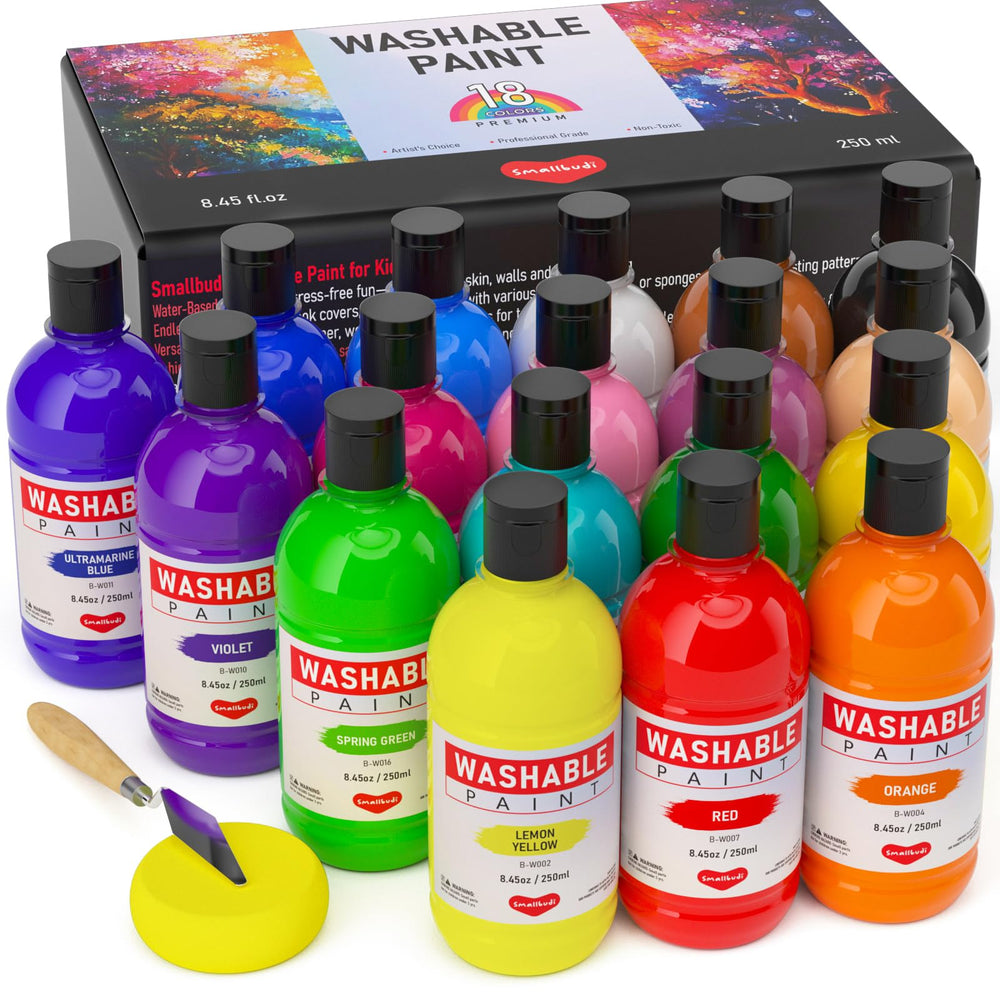 Smallbudi 18-color washable paint bottles with vibrant pigments for classroom art.