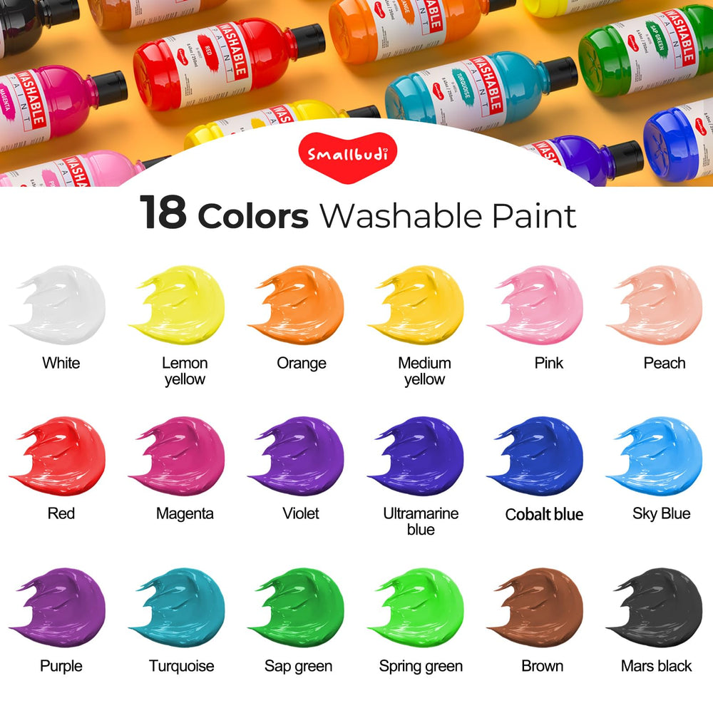 Back-to-school art setup featuring Smallbudi washable paints in a classroom.