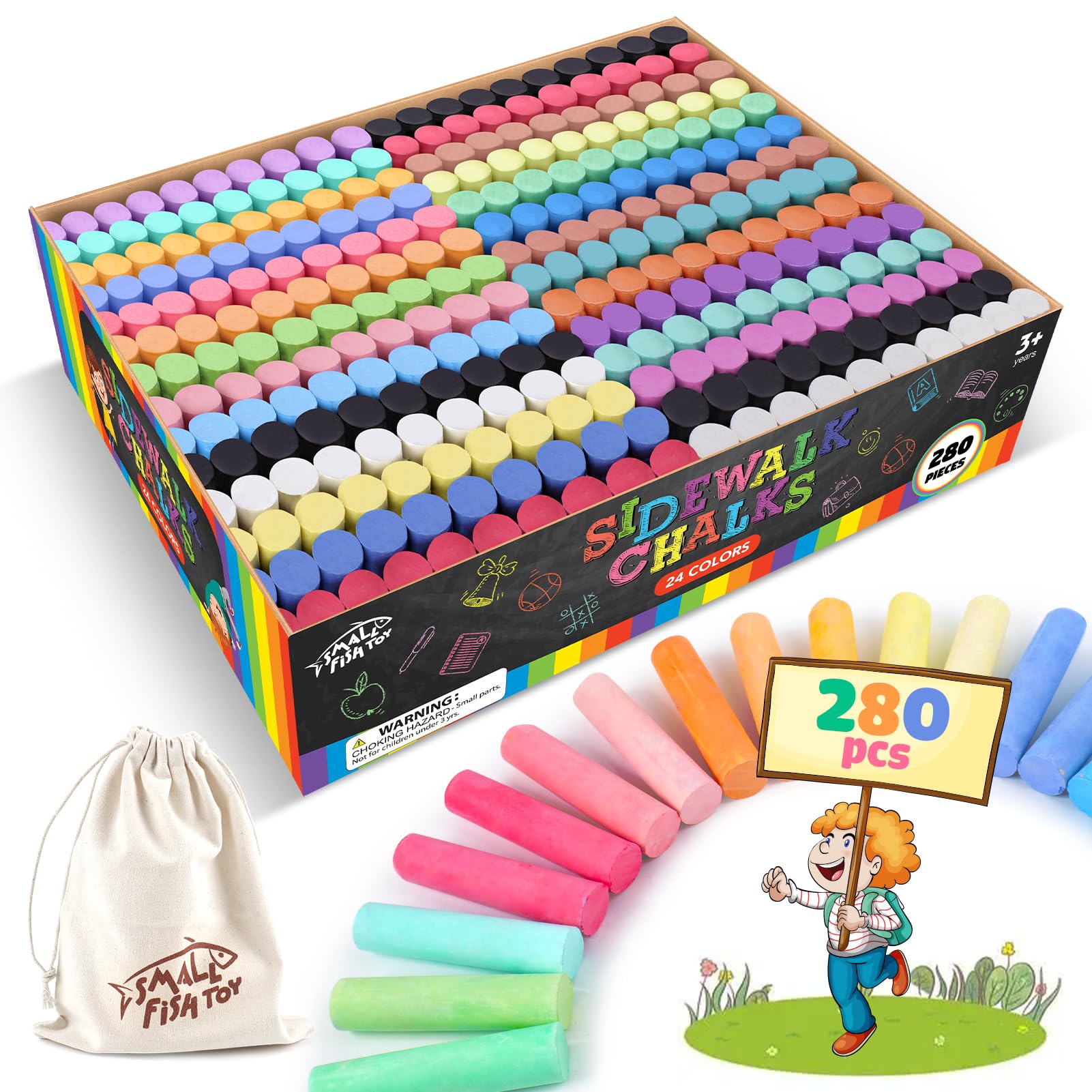 Small Fish 280-piece sidewalk chalk set in 24 colors for outdoor play and art.