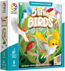 SmartGames 5 Little Birds challenge booklet shows progressive levels for growing skills.