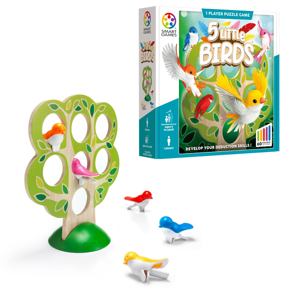 SmartGames 5 Little Birds wooden tree ready for clues and family logic play.