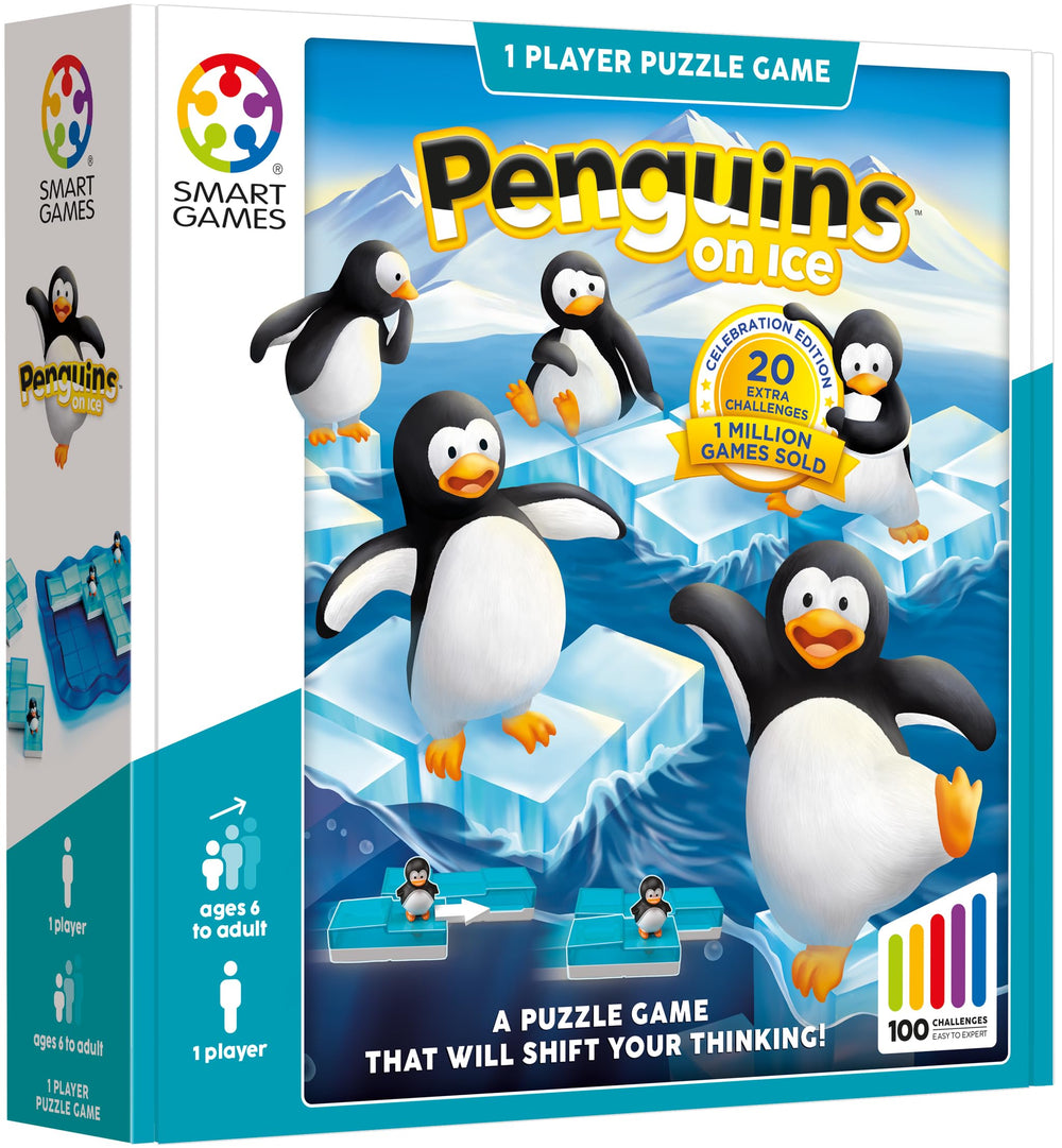 SmartGames Penguins on Ice presents 60 challenges progressing easy to hard for sustained focus.