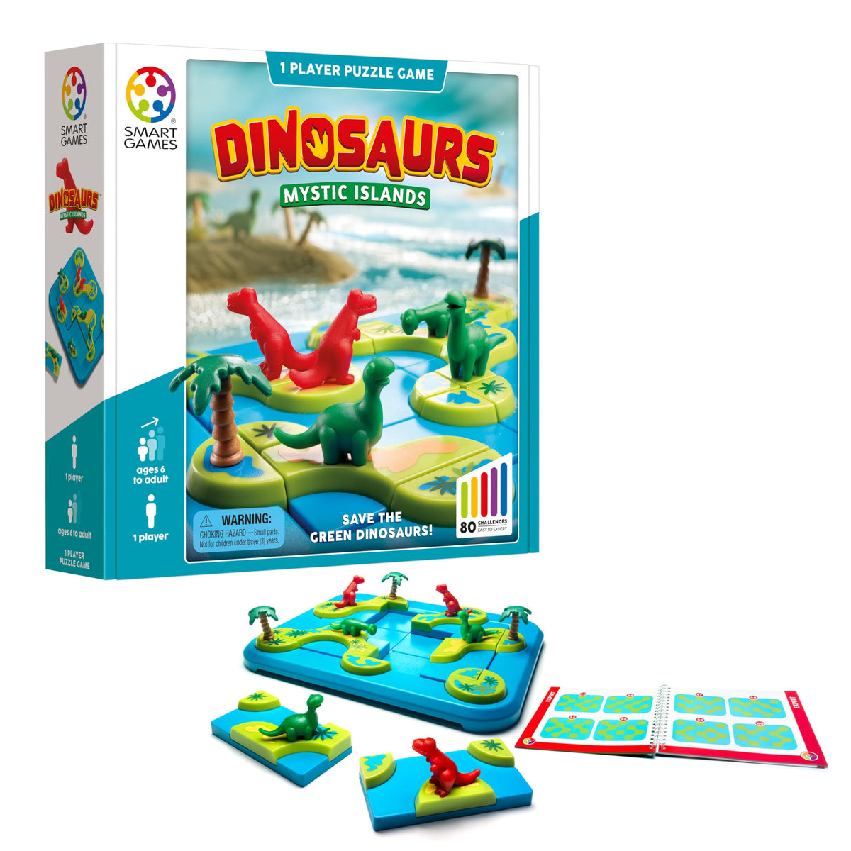 SmartGames Dinosaurs Mystic Islands board and pieces support logical thinking during play.