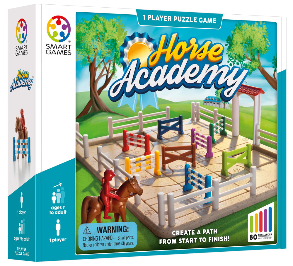 SmartGames Horse Academy obstacles highlight problem-solving during colorful challenges.