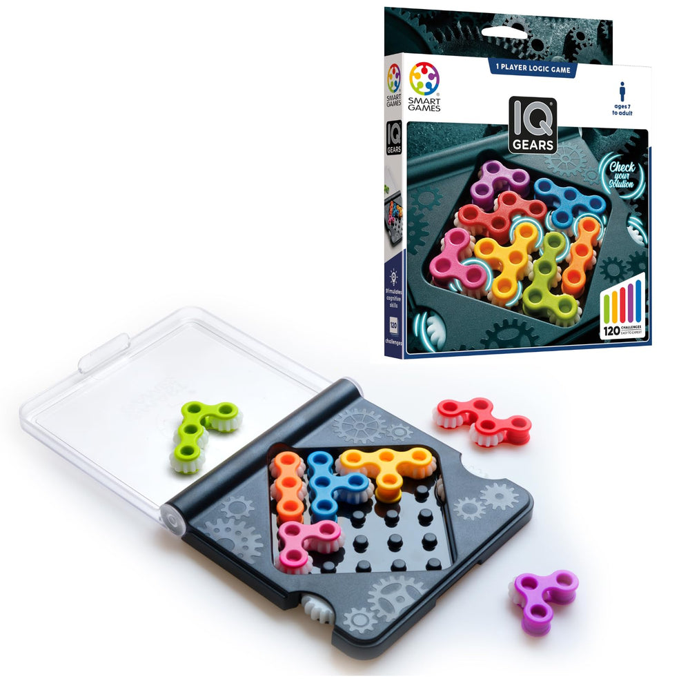 SmartGames IQ Gears travel board setup for on-the-go brain training and pocket-friendly play.