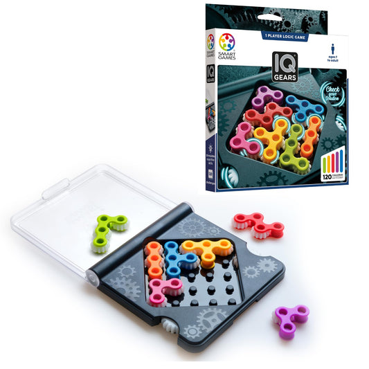 SmartGames IQ Gears travel board setup for on-the-go brain training and pocket-friendly play.