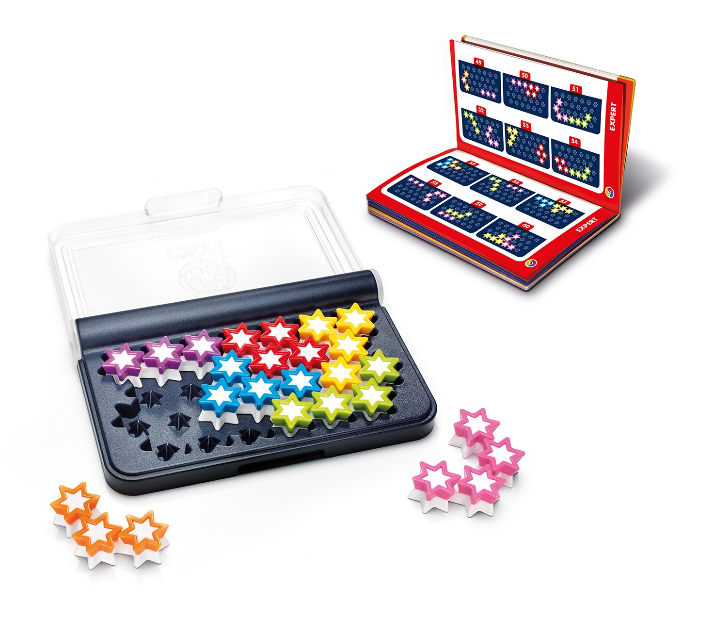SmartGames IQ Link puzzle pieces in action during linking challenges.