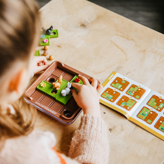 SmartGames Squirrels Go Nuts puzzle pieces invite careful problem solving.