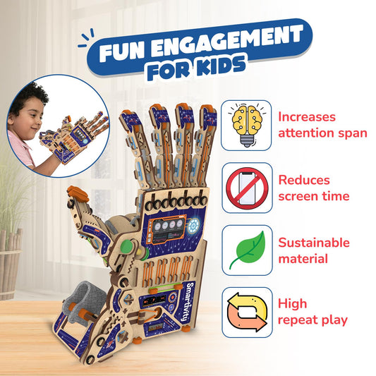 Smartivity DIY robotic hand kit in action, showing moving fingers and engaged learners.