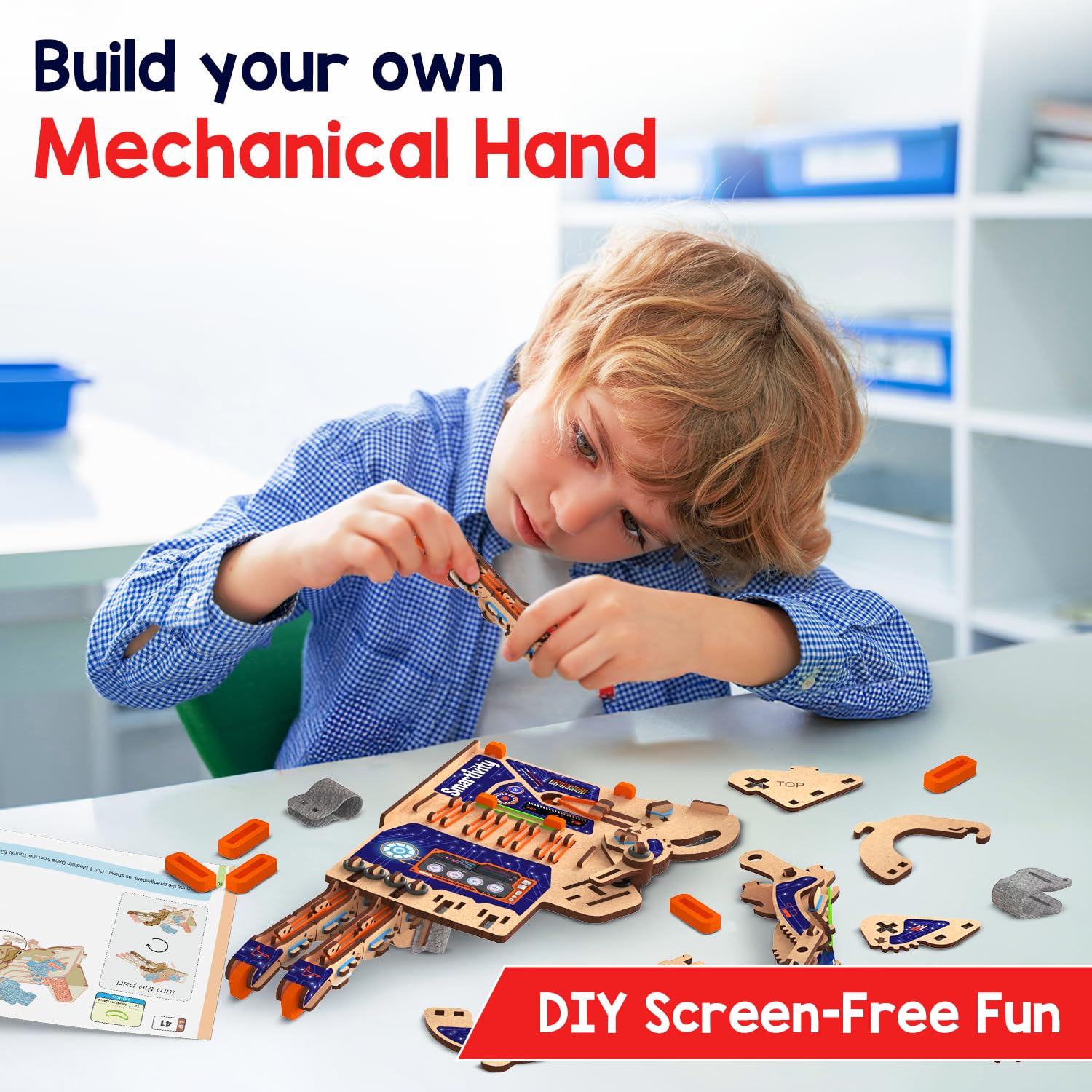 Smartivity robotic hand assembly step highlights clear, kid-friendly instructions.