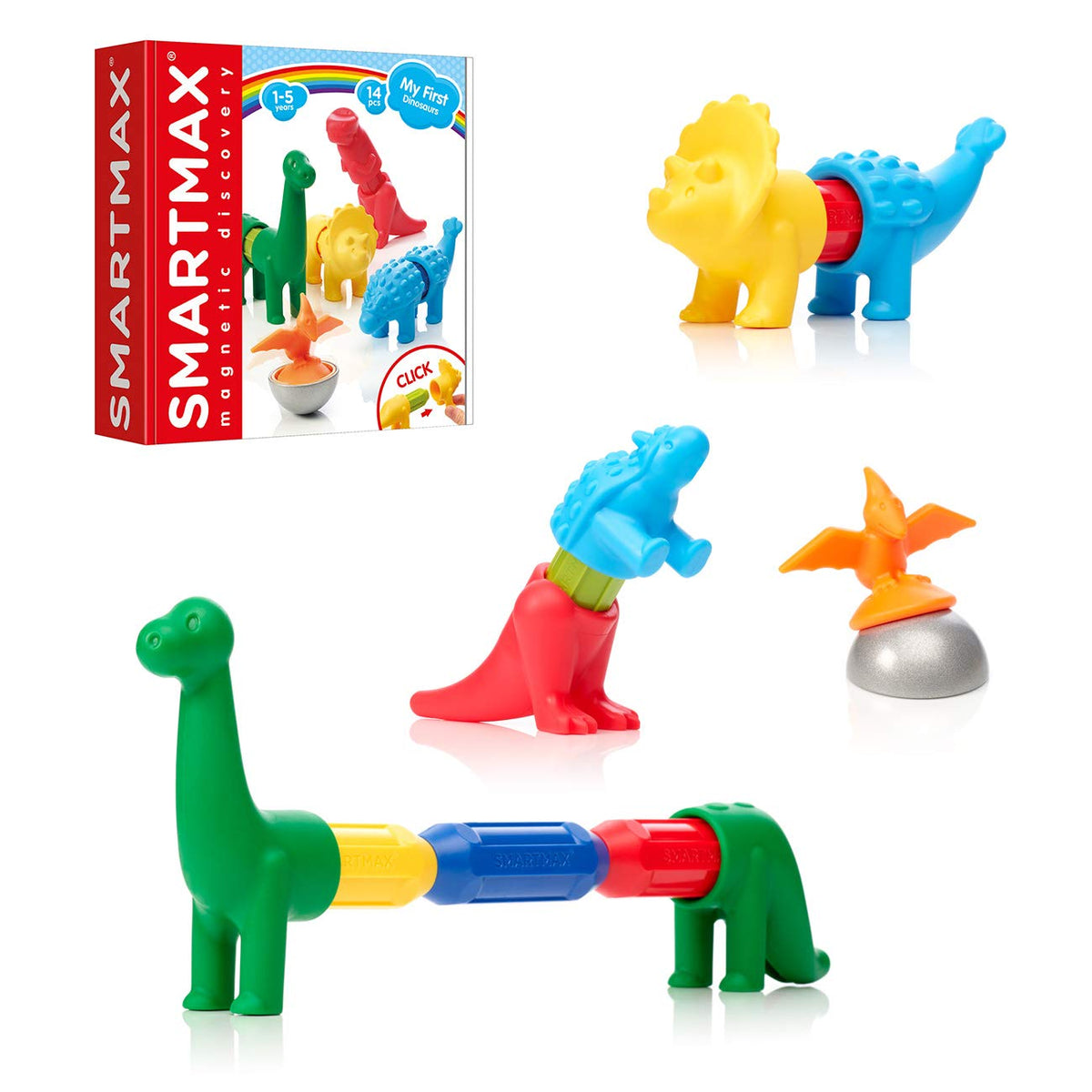 SmartMax My First Dinosaurs magnetic pieces for safe, quick builds.