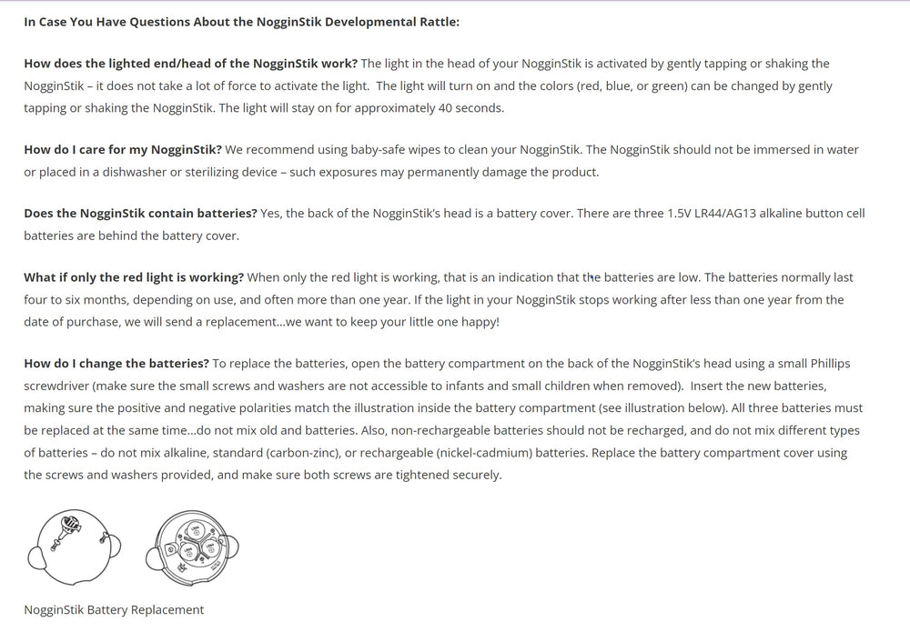NogginStik soft rattle base delivers a gentle sound for baby amusement.