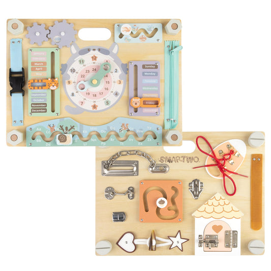 Smartwo double-sided wooden busy board front view supports tactile learning during play.