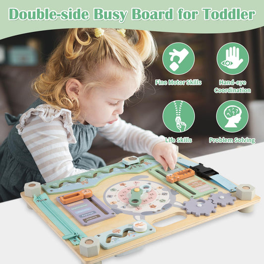 Smartwo busy board two sides opened inside demonstrates varied activities for curious toddlers.