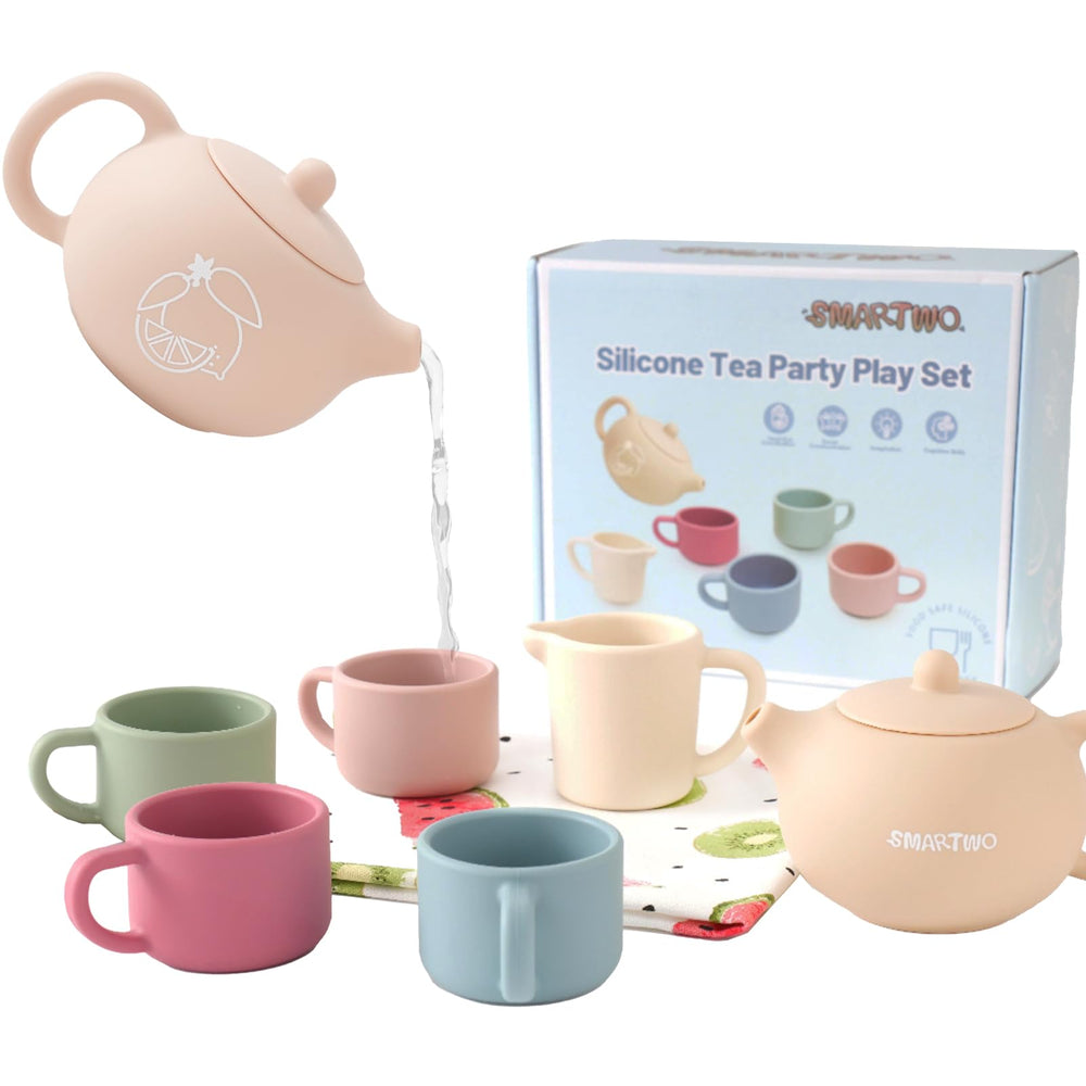Smartwo silicone tea pot with lid; safe for teething and pretend play.