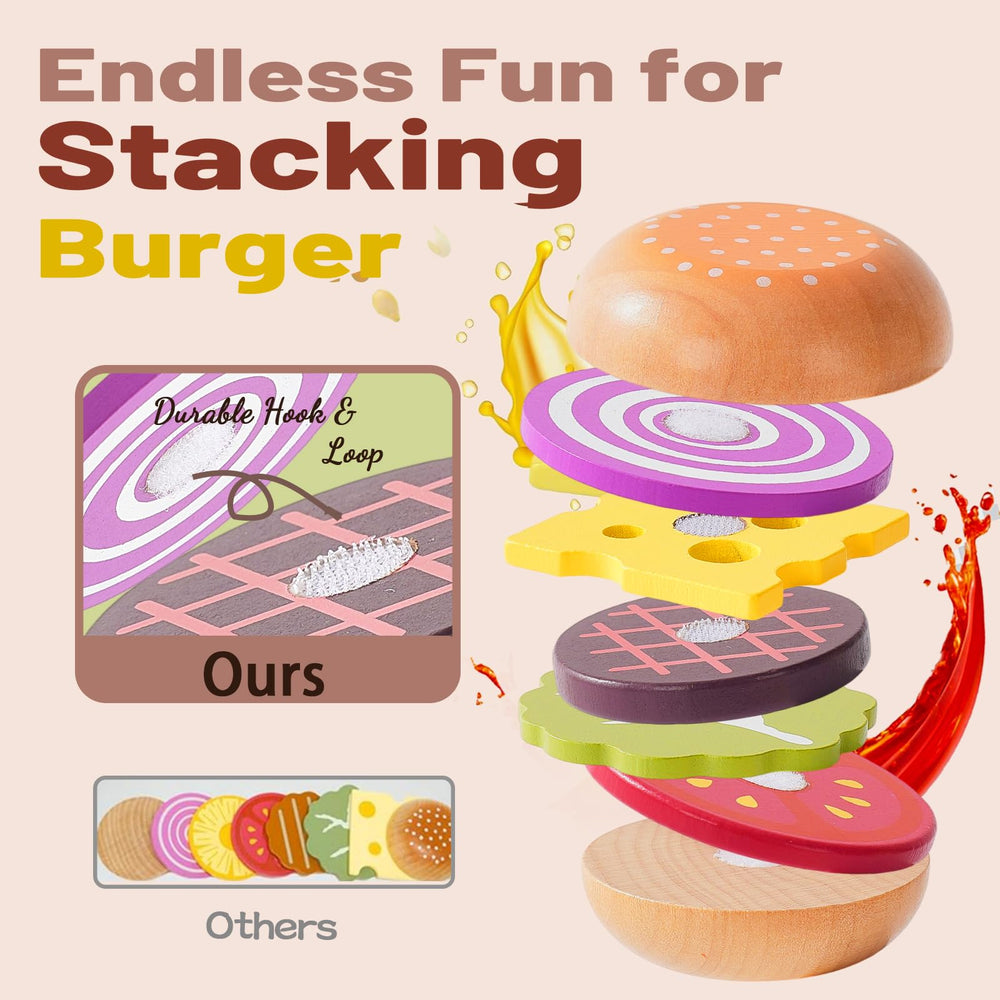 Smartwo wooden play food hamburger set buns and slices emphasize safe, non-toxic materials for toddlers