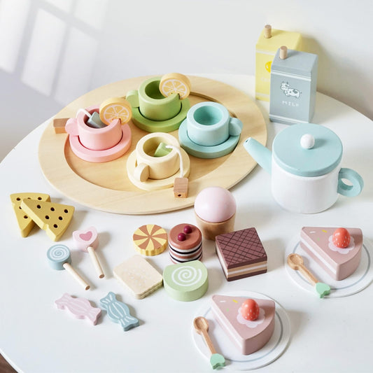 Smartwo wooden tea set tray for organized pretend play and sharing