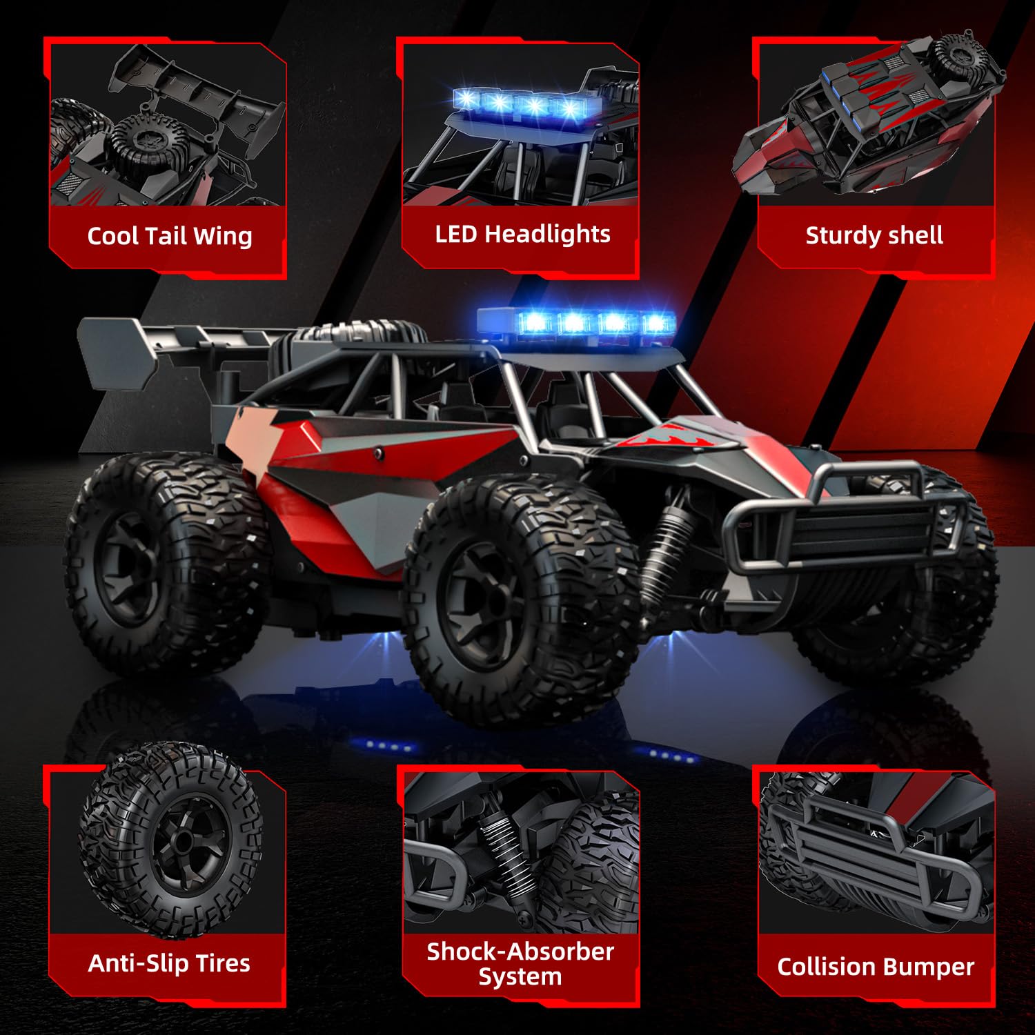 SmGily RC car with LED headlights for bright night driving.</