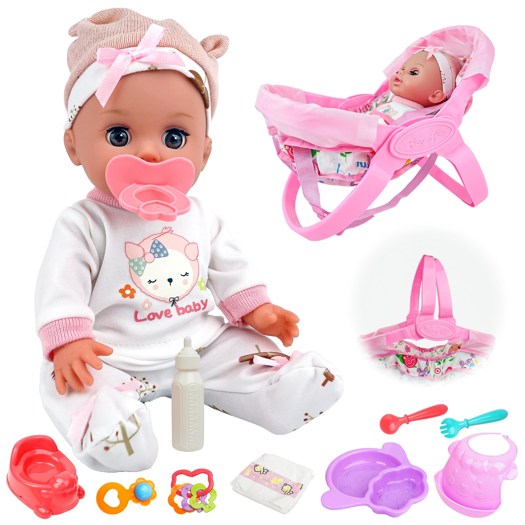 SMILESSKIDDO 14-inch doll in carrier bed for cozy pretend nap time.