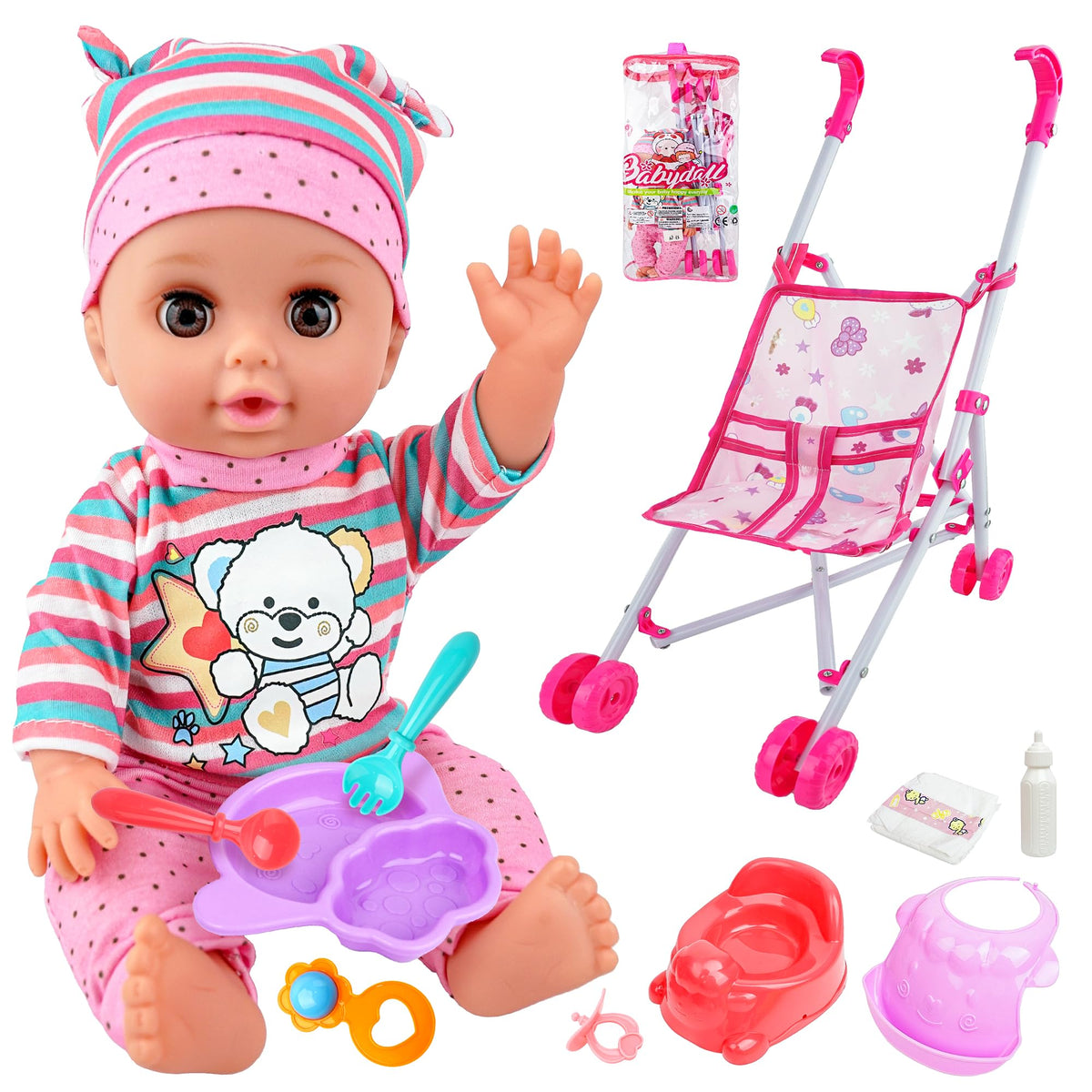 SMILESSKIDDO 14-inch doll with stroller for nurturing pretend play.