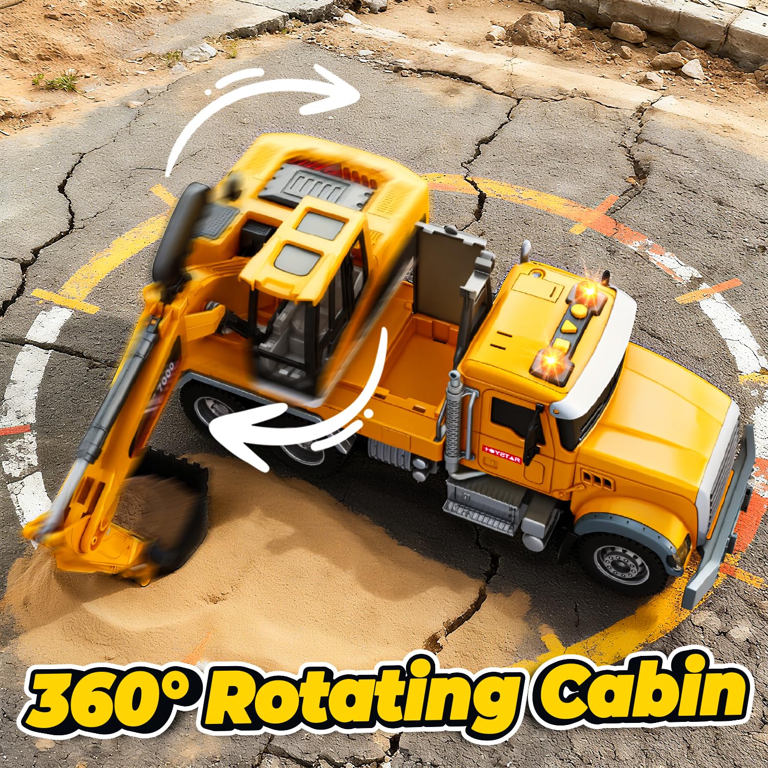 SMILESSKIDDO excavator cabin rotates 360° for authentic digging scenes.
