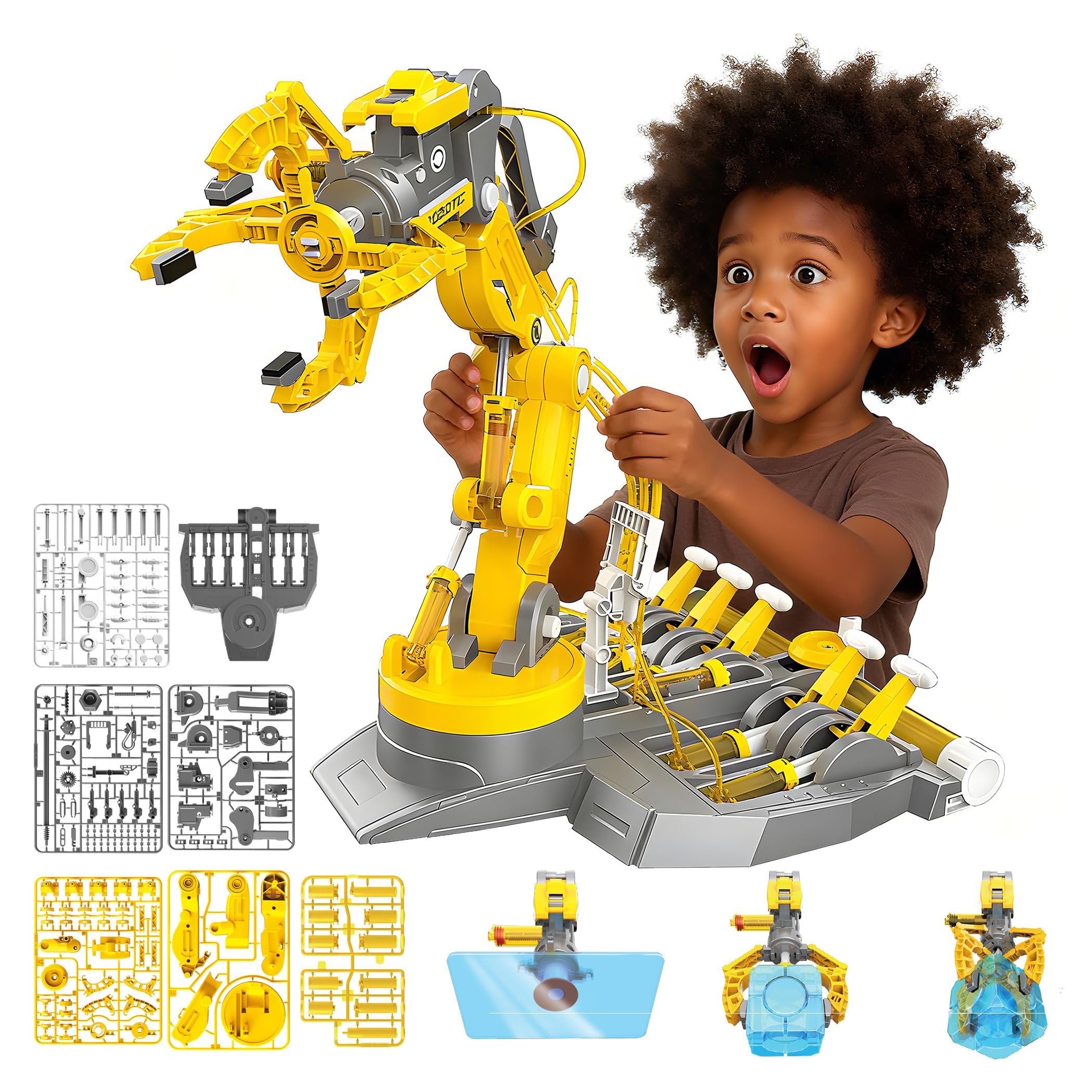 SMILESSKIDDO hydraulic robot arm in assembly for hands-on STEM exploration