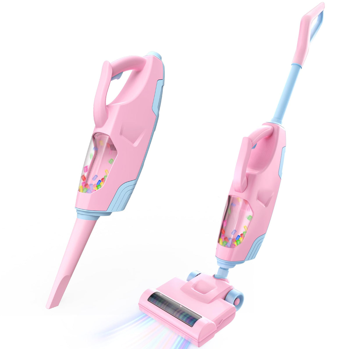 SMILESSKIDDO pink kids vacuum front view with playful dust collector for pretend play.