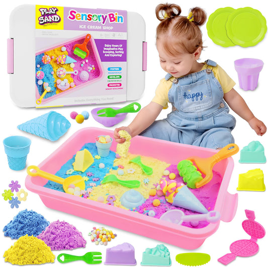 SMILESSKIDDO sensory bin with baking ice cream set encourages creative play with colorful sand and molds