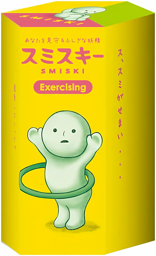 Smiski Dreams glow-in-the-dark exercising mini figure glows softly at night for desk decoration.