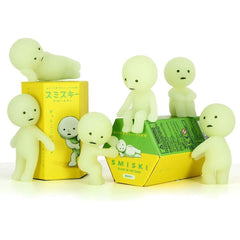 Smiski Series 1 random figure displayed on a shelf, perfect glow-in-the-dark collectible.