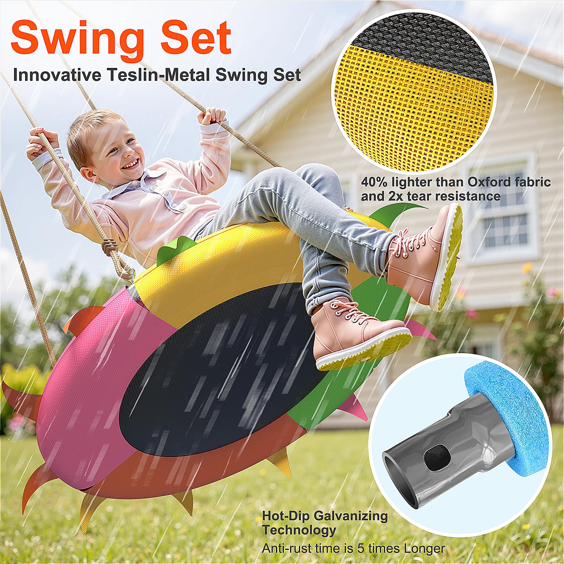 SMkidsport saucer swing weather-resistant seat keeps color and comfort outdoors.