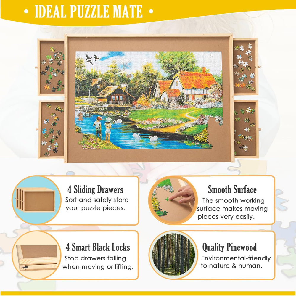 Snail table measures 34 by 26 inches for generous puzzle space