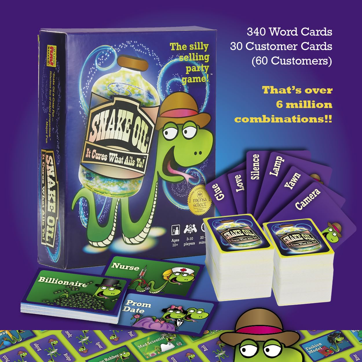 SNAKE OIL card draw pile with word cards for silly pitches.