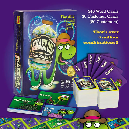 SNAKE OIL card draw pile with word cards for silly pitches.