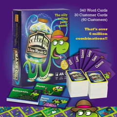 SNAKE OIL card draw pile with word cards for silly pitches.