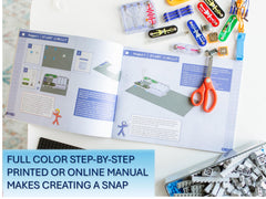 Snap Circuits BRIC-Structures full-color instruction manual opened to project ideas.