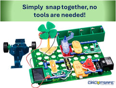 Snap Circuits light blocks illuminate LEDs for color-coded circuit builds.