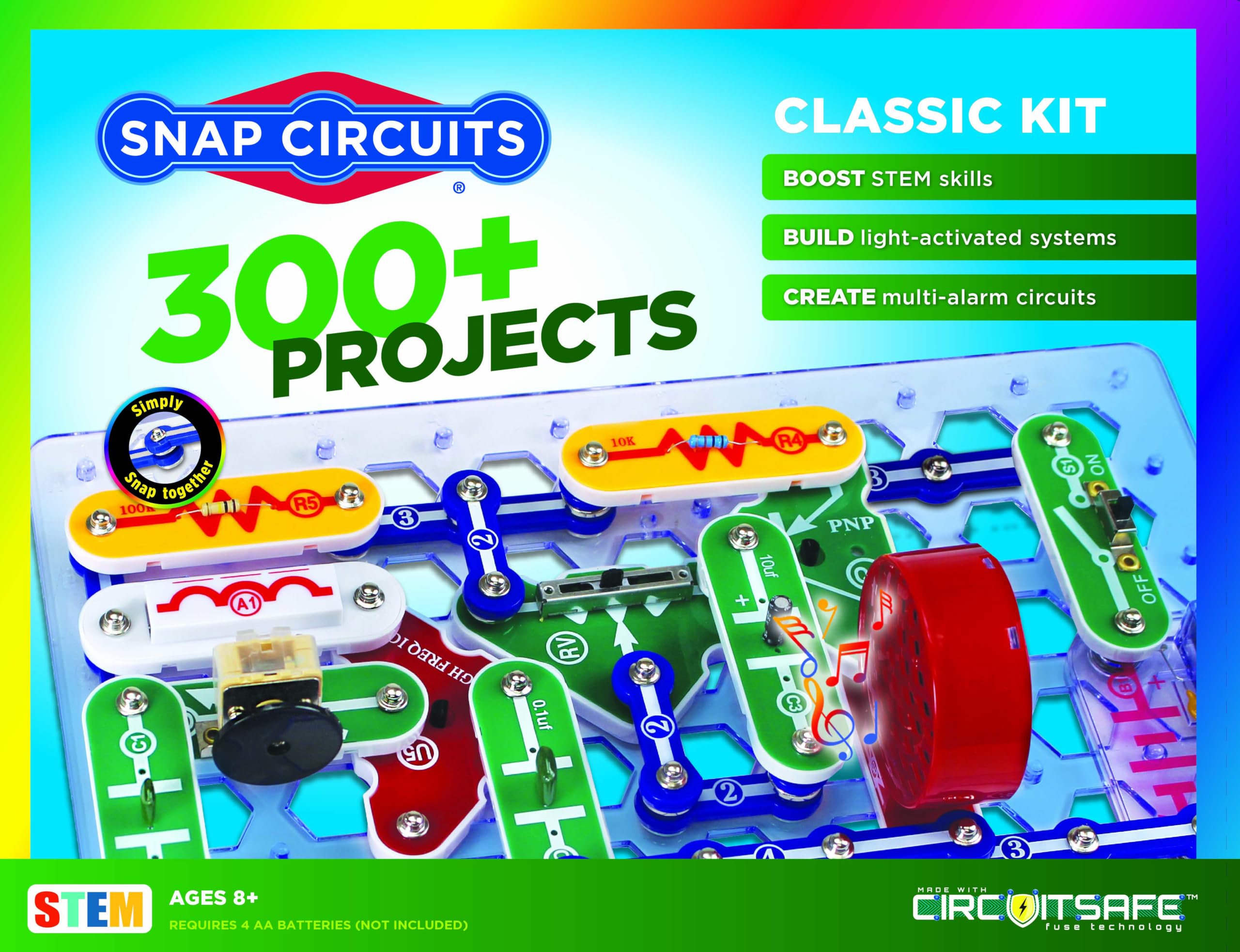 Snap Circuits front packaging showing kit and 305 projects benefit learning