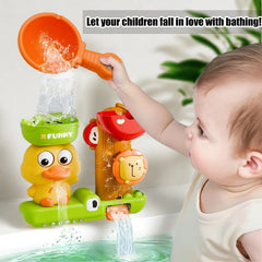 Top container creates running water and cascading waterfalls during baths.
