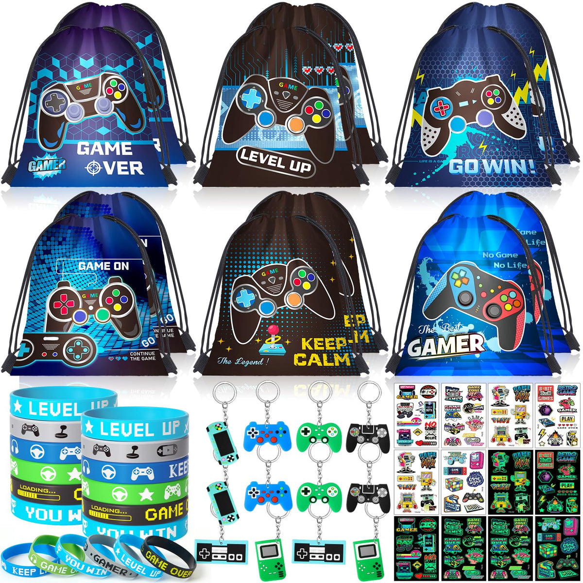 SNLN video game drawstring bags showcase bold graphics for easy party gift presentation.