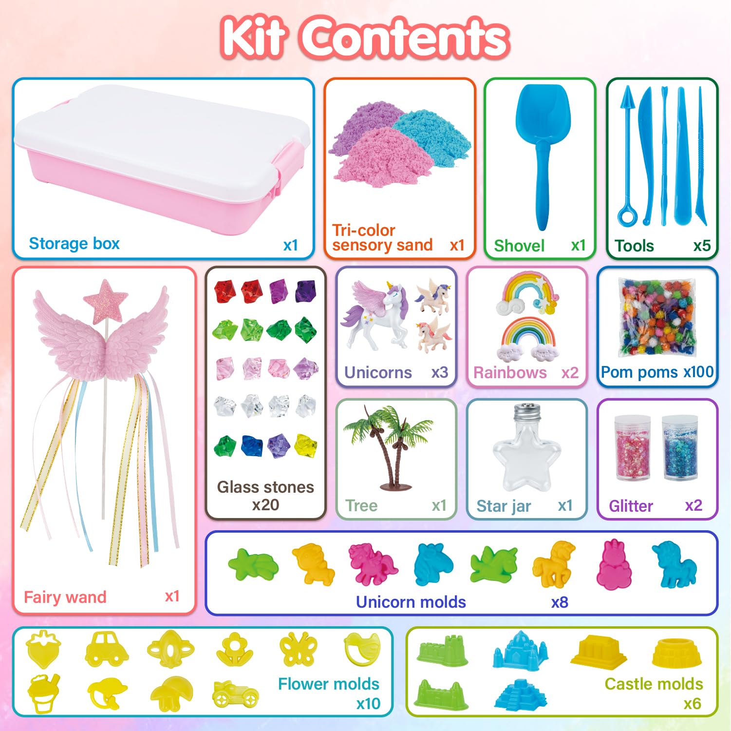 Snookids 162pcs sand molds and unicorns for imaginative sculpting.