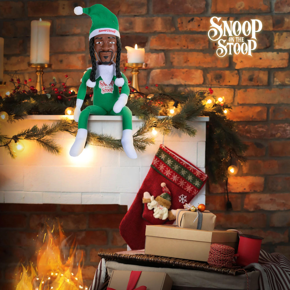 Snoop Dogg Snoop on the Stoop elf doll with bling chains enhances shelf decor.